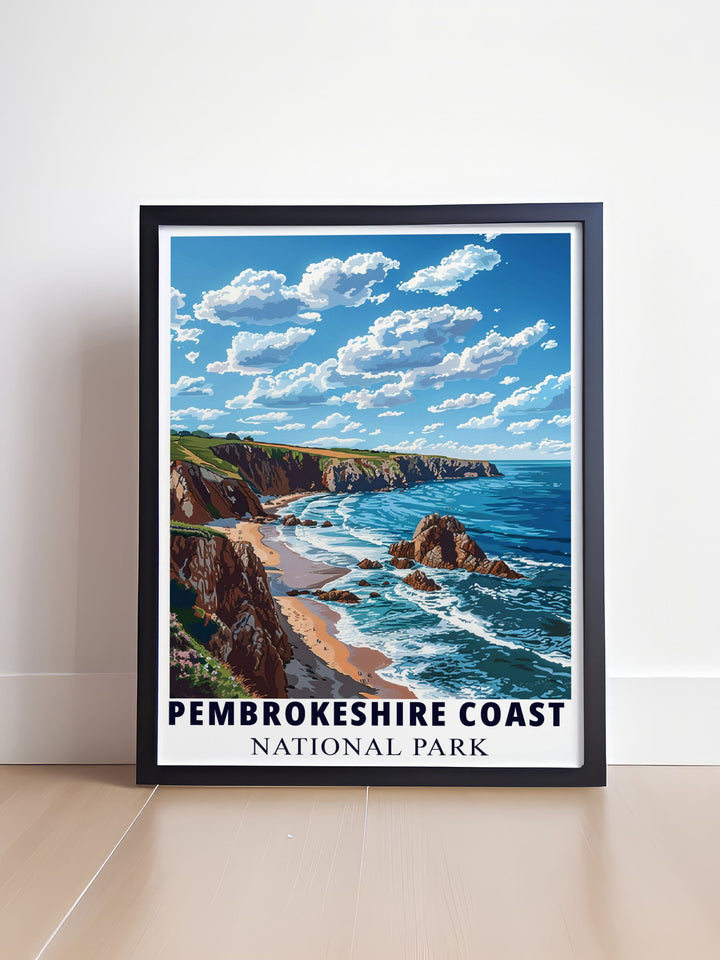Coastline gifts featuring the stunning Pembrokeshire Coast in Wales with retro travel poster design ideal for birthdays anniversaries or special occasions providing a timeless piece of wall art for any nature or travel lover.