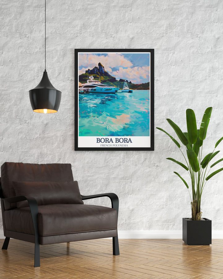 Stunning Mount Otemanu Bora Bora Yacht Club artwork showcasing the serene beauty of French Polynesia this travel poster is ideal for home decor and makes an excellent gift for anyone who dreams of exploring the idyllic Bora Bora island.