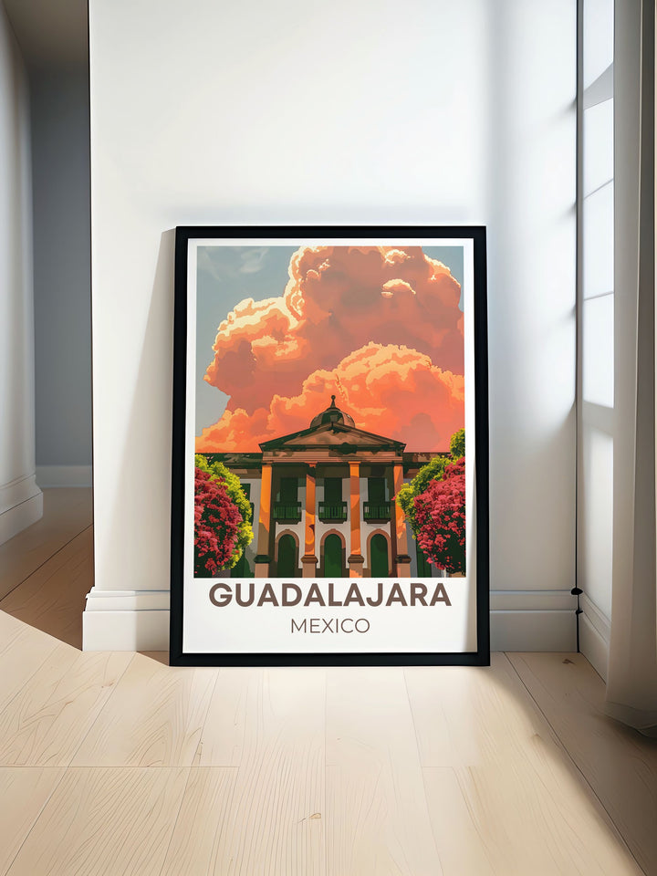 This travel poster of Guadalajara captures the vibrant streets and colorful atmosphere of the city, showcasing its unique charm and lively spirit, perfect for adding a touch of Mexican culture to your home decor.