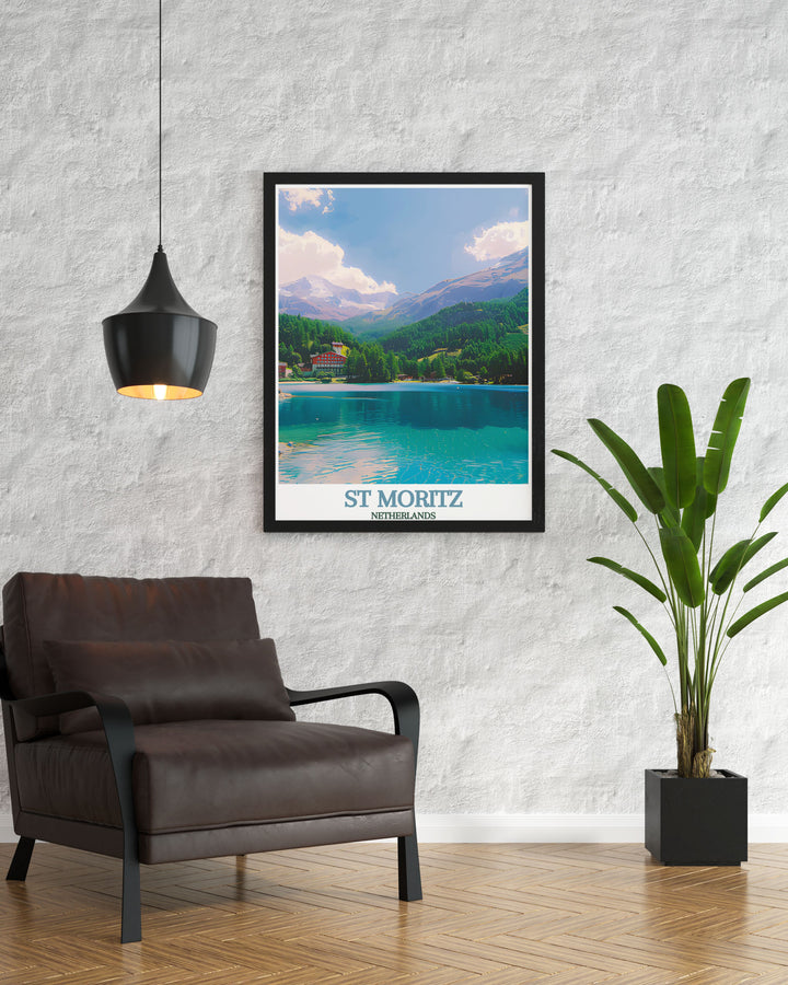 Bring the majestic beauty of Switzerland into your home with this poster, featuring the iconic St Moritz and the serene Lake St. Moritz.
