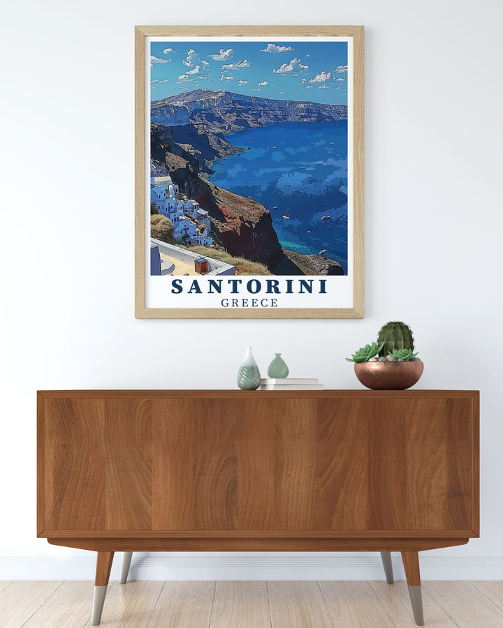 This Santorini travel poster beautifully captures the historic and scenic Caldera, with its iconic views and vibrant sunsets. Ideal for adding a touch of Greeces charm to any room.