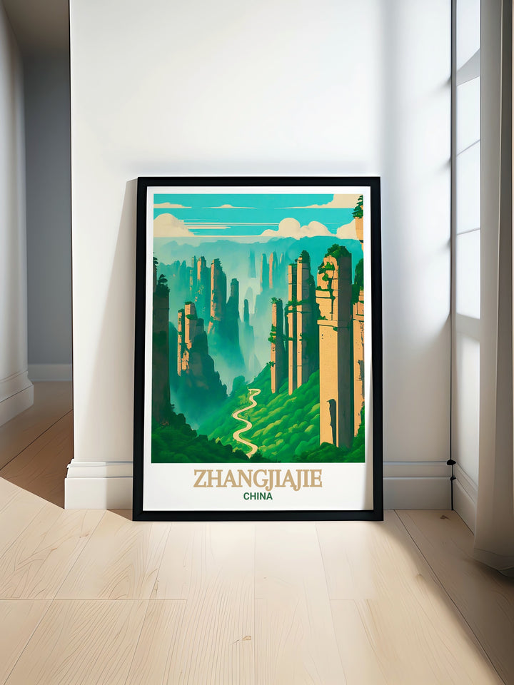 Zhangjiajie National Forest Park art print showcasing the breathtaking sandstone pillars and lush forests in Zhangjiajie China perfect for adding a touch of Chinese decor to your living room or office space