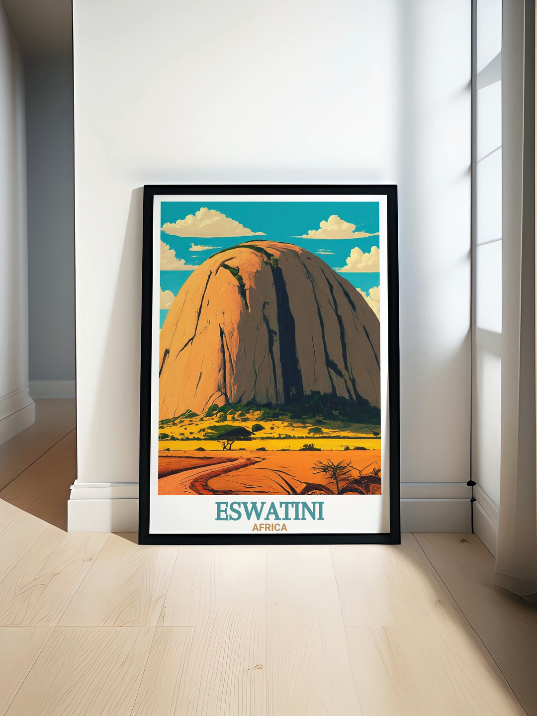 Eswatini wall art brings the grandeur of Sibebe Rock into your home, showcasing the massive granite formation that draws adventurers from all over the world. This travel poster is perfect for adding a touch of Africas wild beauty to any room.