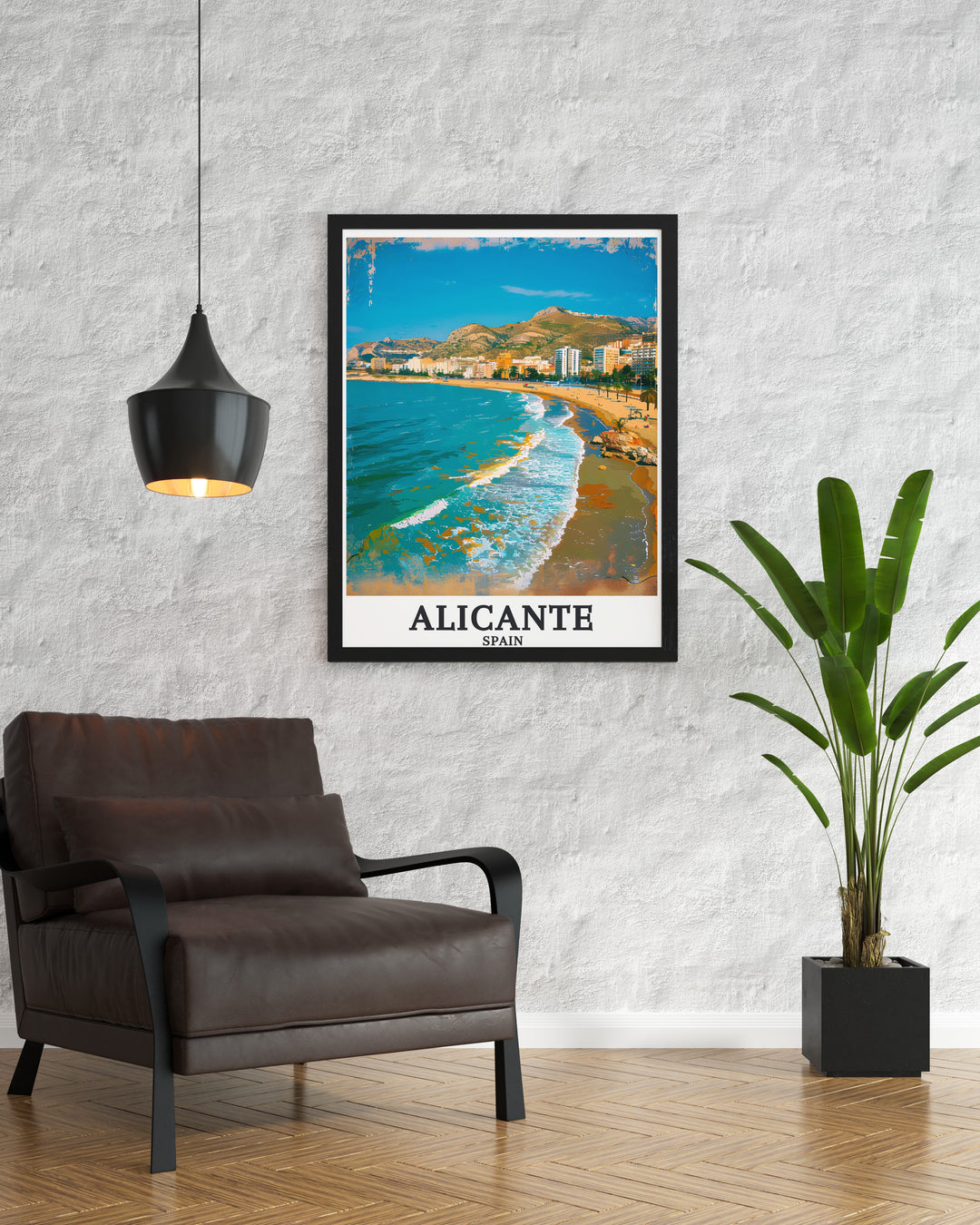 Alicante Travel Print featuring Playa de San Juan and Mediterranean Sea in a matted art style perfect for those who love the coastal charm of Alicante and want to bring a touch of the Mediterranean into their home