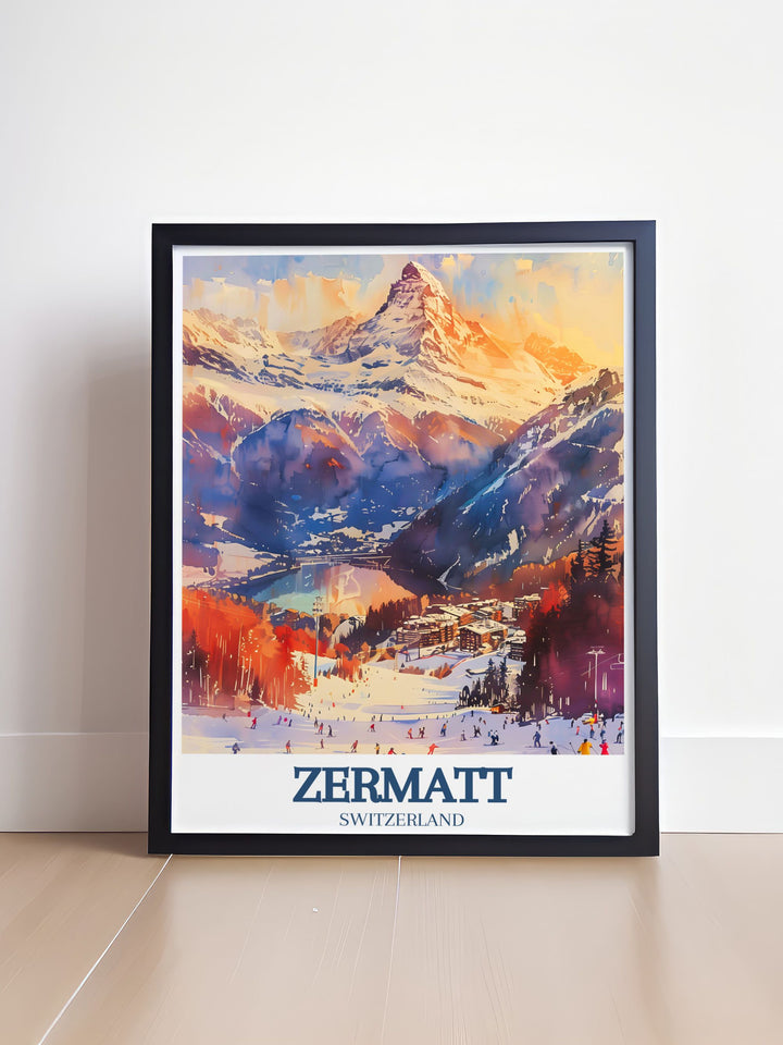 Sophisticated Ski Resort Travel Print with Sunnegga Paradise Rothorn Leisee Lake perfect for enhancing any room with alpine charm