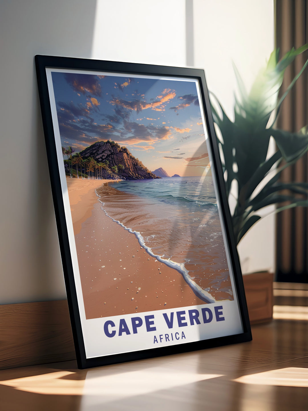 This travel poster brings the magic of Cape Verdes Santa Maria Beach into your living space. Featuring the stunning blues of the Atlantic and the golden sands of the islands coastline, this artwork is a must have for lovers of African landscapes and coastal art.