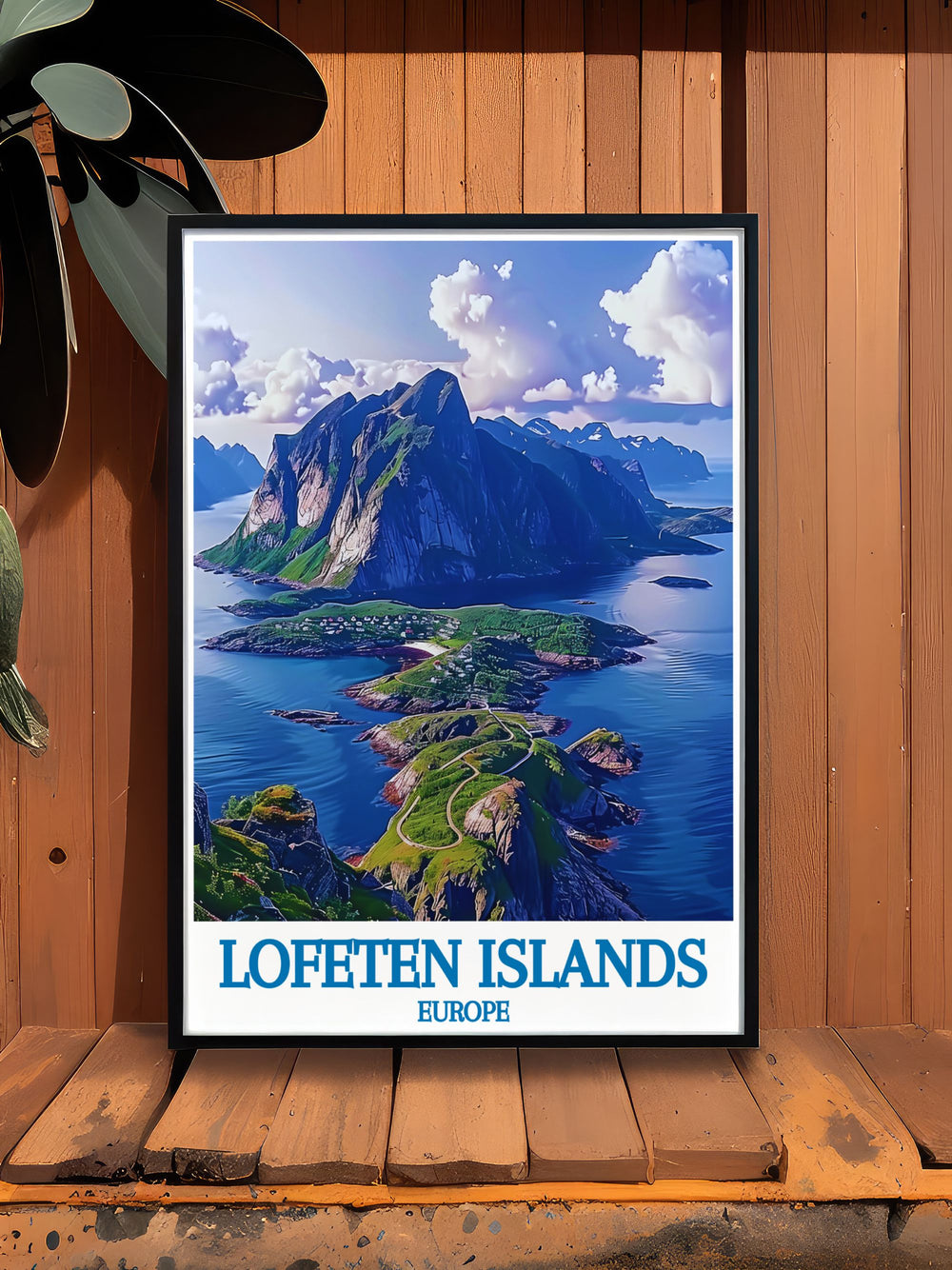 Home decor print of Reinebringen, Lofoten Islands, Norway, featuring the majestic mountain views and the tranquil village of Reine. The vibrant colors and intricate details capture the essence of this stunning location, making it a perfect addition to any living space and a beautiful representation of Norwegian nature.