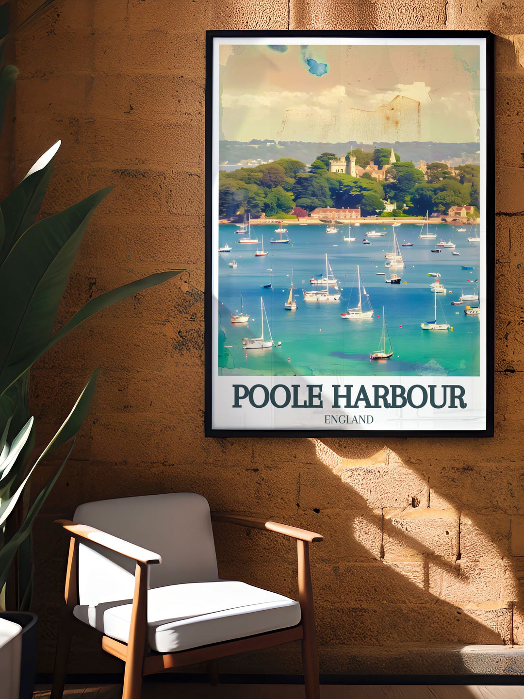 Gorgeous England poster of Poole Harbour featuring Brownsea Island and Sandbanks Beach in vibrant colors perfect for adding a touch of elegance to any room and making a great travel gift for England lovers