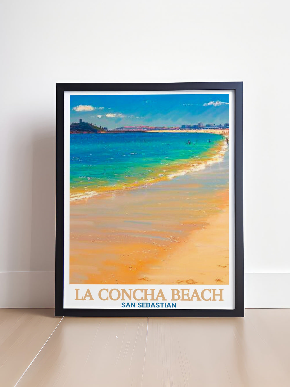 A beautifully crafted poster print of La Concha Beach in San Sebastián, Spain, showcasing the iconic golden sands and serene waters. This travel art is perfect for anyone looking to bring the peaceful charm of one of Spains most famous beaches into their home decor.