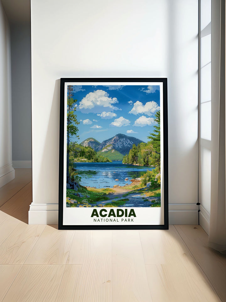 Beautiful Acadia National Park art print featuring Jordan Pond in a retro travel style perfect for home or office decor. This stunning national park wall art is ideal for anyone who loves nature and enjoys elegant design inspired by WPA posters.