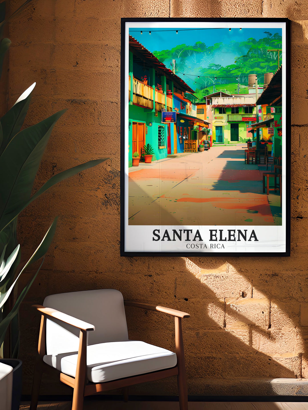 Costa Rica print featuring Monteverde Cloud Forest Reserve and Central Plaza. This artwork showcases the beauty of nature alongside vibrant city life making it an ideal choice for home decor or a memorable Santa Elena gift for friends and family.