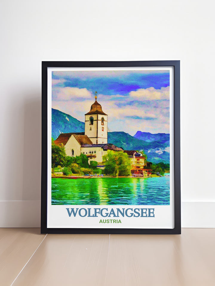 St. Wolfgang Church decor print highlighting the historic charm and natural beauty of Wolfgangsee. This illustration captures the essence of Austrias cultural landmarks, making it a wonderful addition to any art collection. Ideal for those who love travel and nature inspired decor.