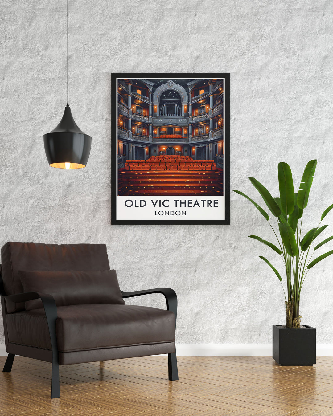 Featuring the main auditorium of The Old Vic Theatre, this London travel poster blends retro art deco style with a modern aesthetic. The posters detailed illustration and rich color palette make it a stunning addition to any room, ideal for theatre lovers and fans of vintage art.