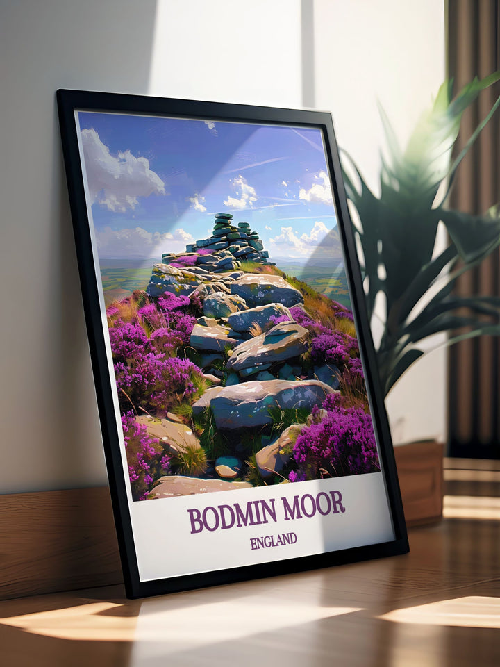 Vintage poster of Roughtor summit on Bodmin Moor, celebrating the timeless beauty and dramatic scenery of this famous Cornish peak, ideal for those who appreciate the rich history and natural splendor of Englands landscapes.