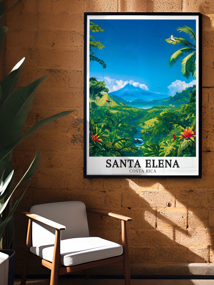 Stunning modern artwork of Arenal Volcano and Santa Elena Cloud Forest in Costa Rica. This wall art piece captures the vibrant colors and majestic beauty of the cloud forest and volcano perfect for adding elegance and serenity to any living space.