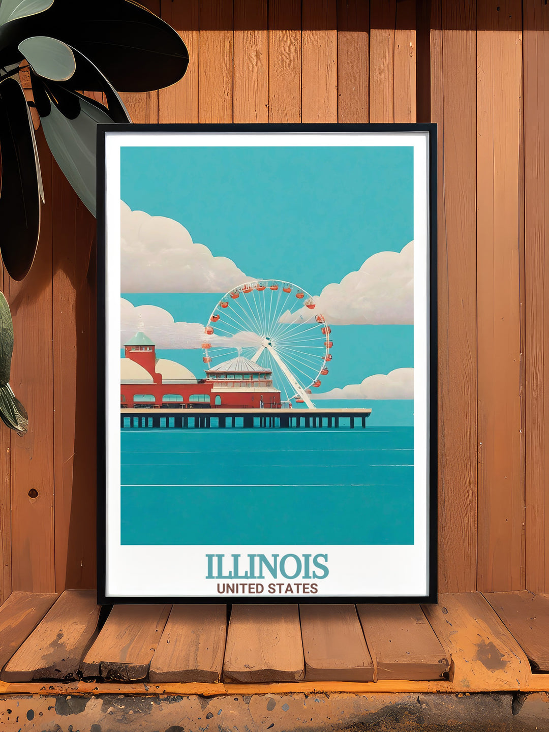 This Illinois travel poster print showcases the lively atmosphere of Navy Pier and the expansive Chicago skyline. The design features a modern twist on classic poster art, making it a unique and timeless piece for fans of Chicago.