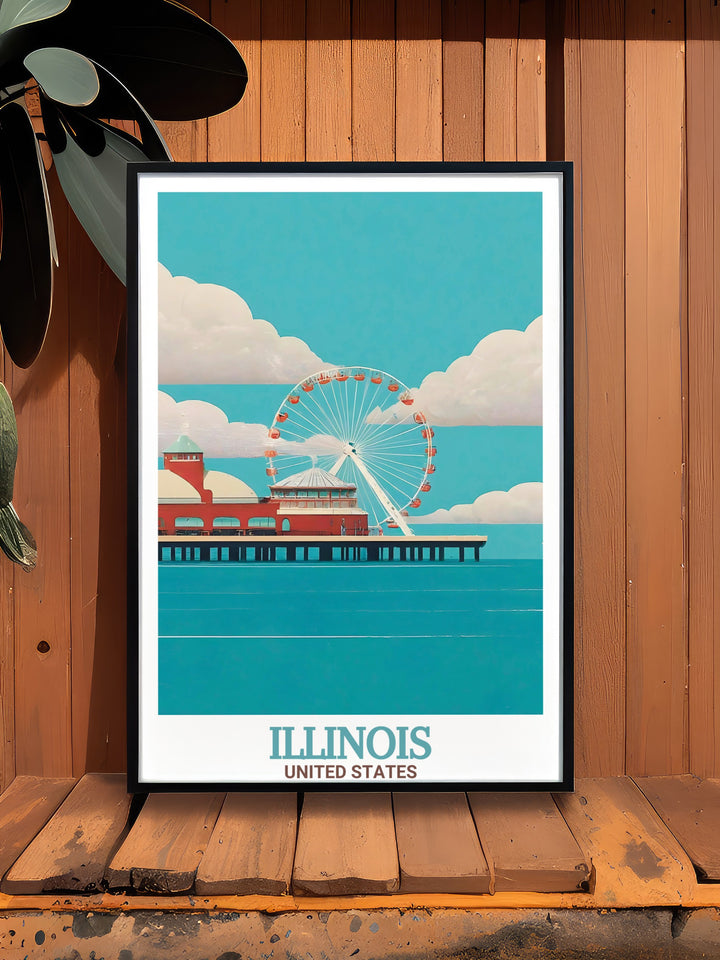 This Illinois travel poster print showcases the lively atmosphere of Navy Pier and the expansive Chicago skyline. The design features a modern twist on classic poster art, making it a unique and timeless piece for fans of Chicago.