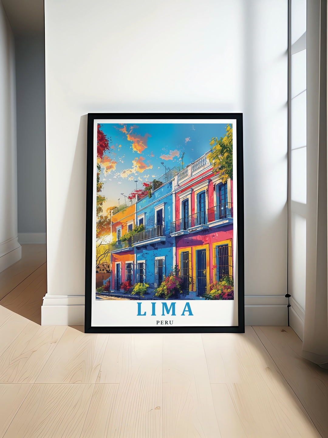 Experience the lively streets of Limas Barranco District with this unique travel print. Ideal for home décor, this artwork highlights the vibrant spirit of Perus capital, making it a perfect gift for any traveler or art enthusiast.