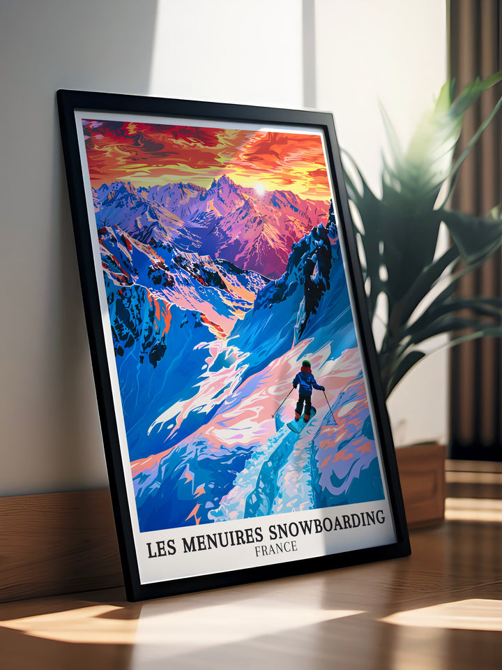 Stunning Les Menuires BK Park Wall Art ideal for bringing the energy of snowboarding to your living room or office great for those who appreciate snow sports and want to add a touch of the French Alps to their interior design