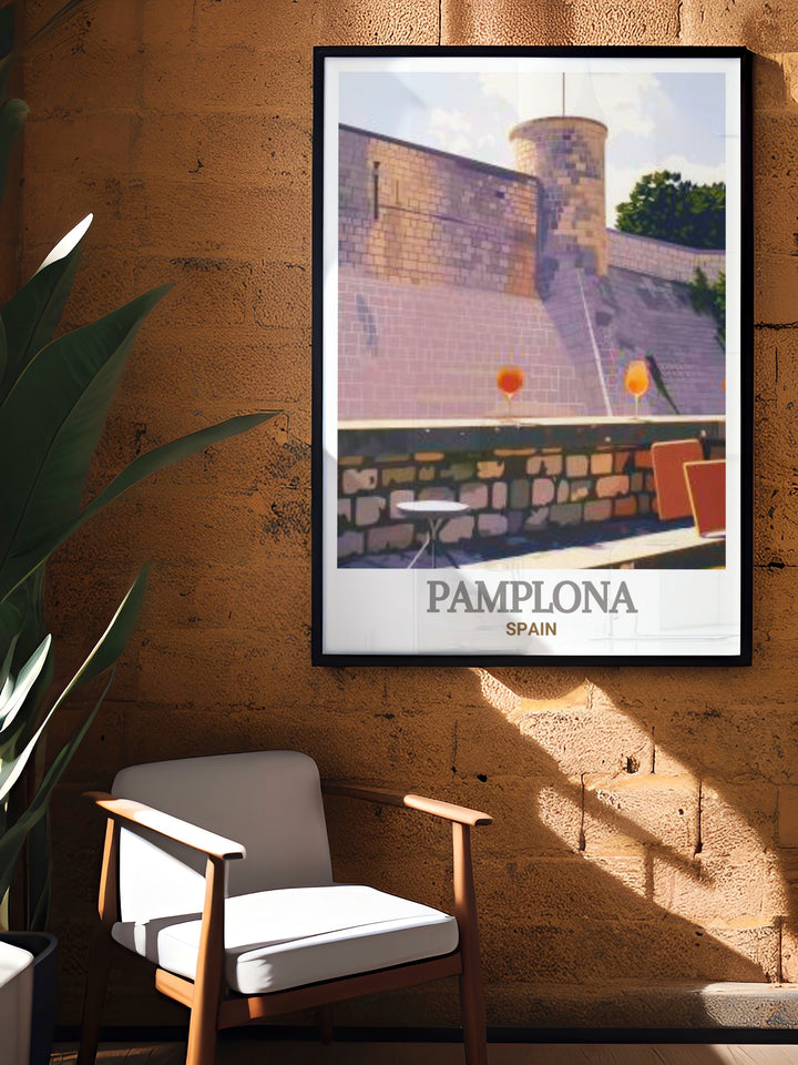 The City Walls and Fortifications in Pamplona Spain are beautifully depicted in this stunning Spain Travel Print making it an ideal gift for history enthusiasts. This artwork adds a touch of sophistication to your living room or office decor.