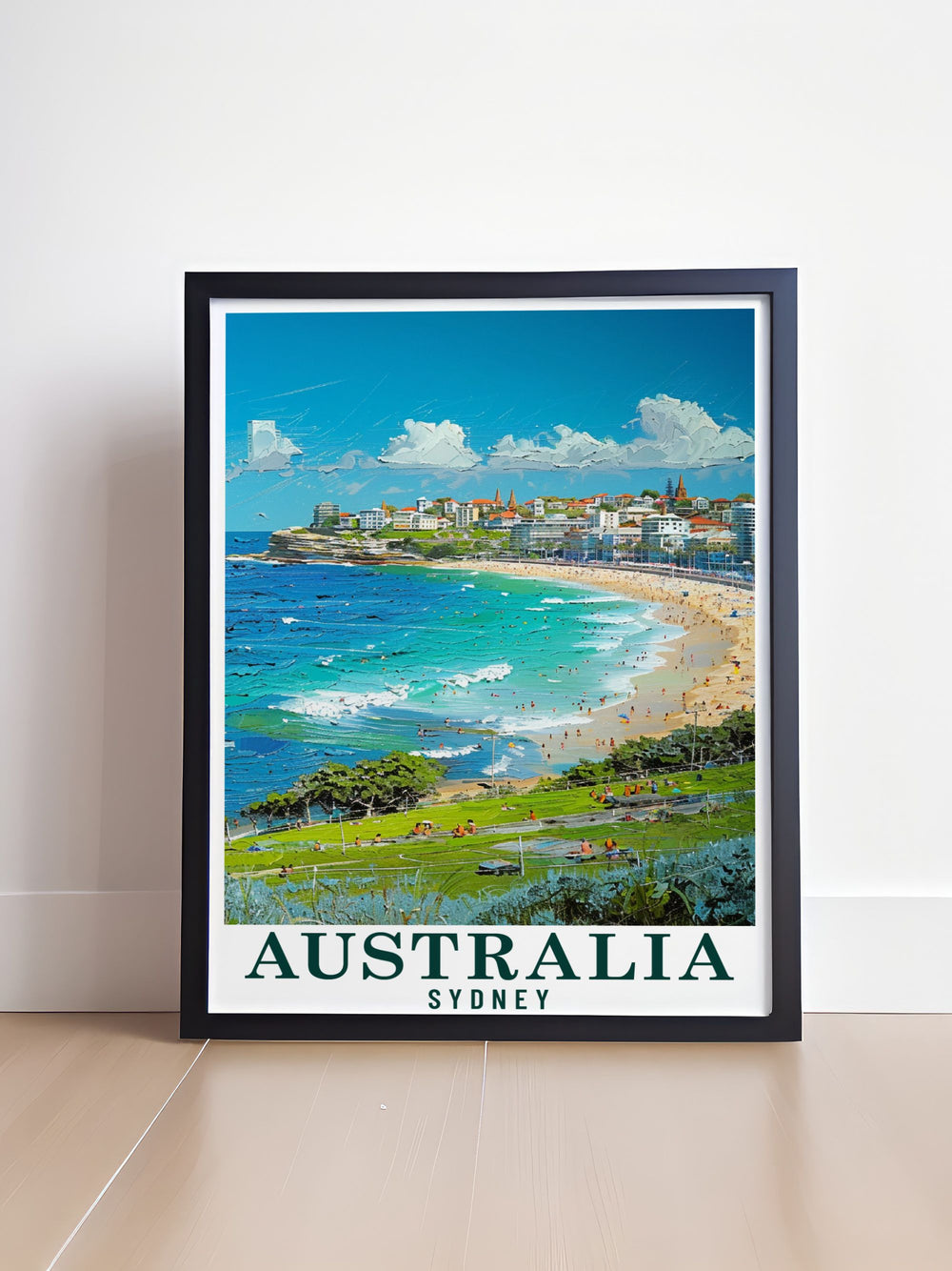 Bondi Beachs vibrant atmosphere and golden sands are beautifully captured in this travel poster, showcasing Sydneys iconic beach scene. Perfect for adding a touch of Australian coastal charm to your decor.