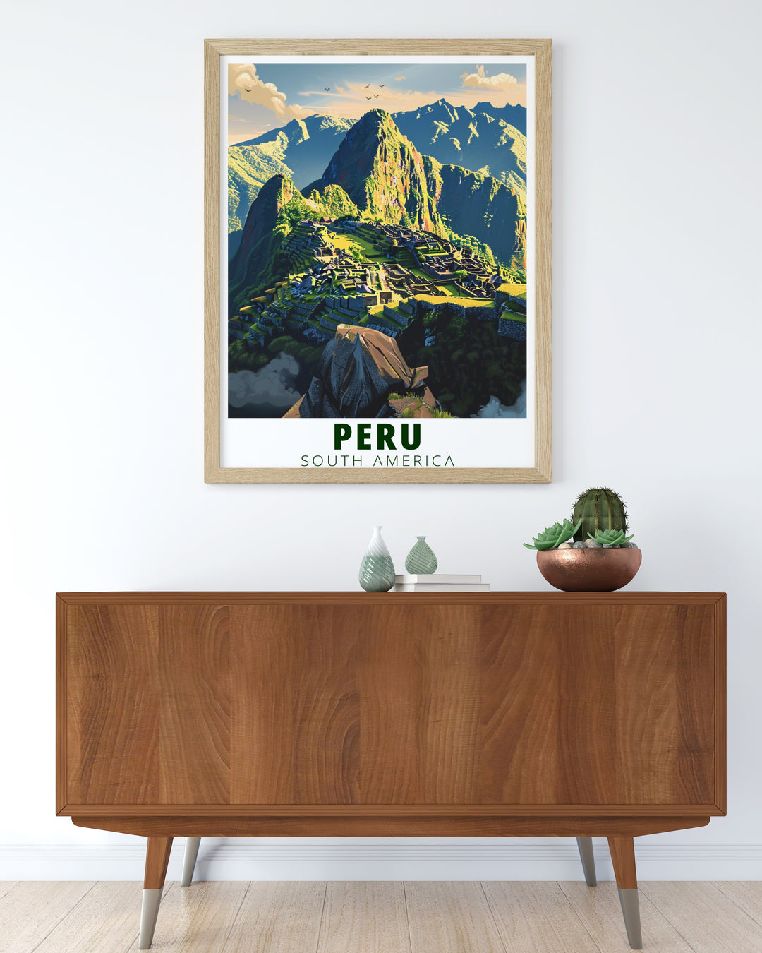 Peru travel poster featuring Colca Canyon and Limas urban landscape. This unique art print is ideal for those who love to explore Perus natural beauty and its capitals rich culture. The stunning visuals of the canyon and city skyline combine to create a timeless piece of décor.