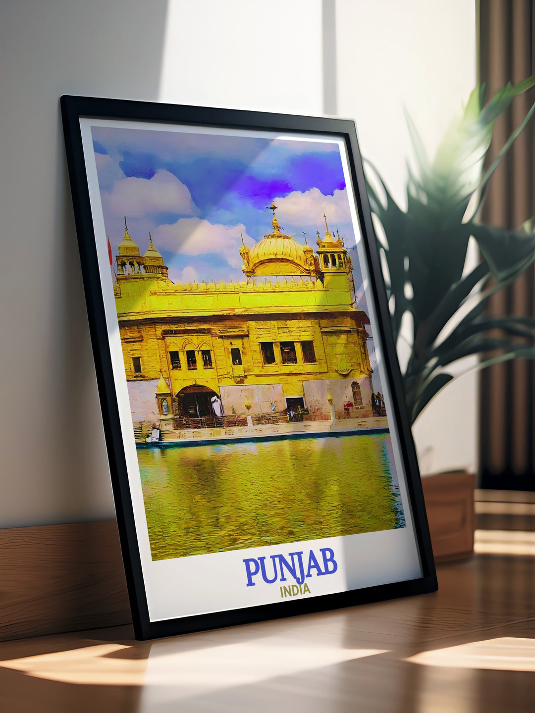 This Golden Temple art print captures the spiritual beauty of Punjabs most famous landmark. A must have for lovers of travel and culture, this poster adds a touch of tranquility and history to any space.