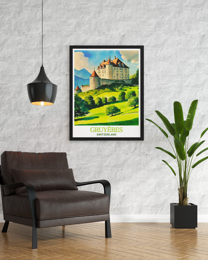 Unique Gruyeres Castle framed print featuring a stylish depiction of the iconic castle and surrounding landscapes. Ideal for adding a sophisticated touch of Switzerland to your living room or office decor.