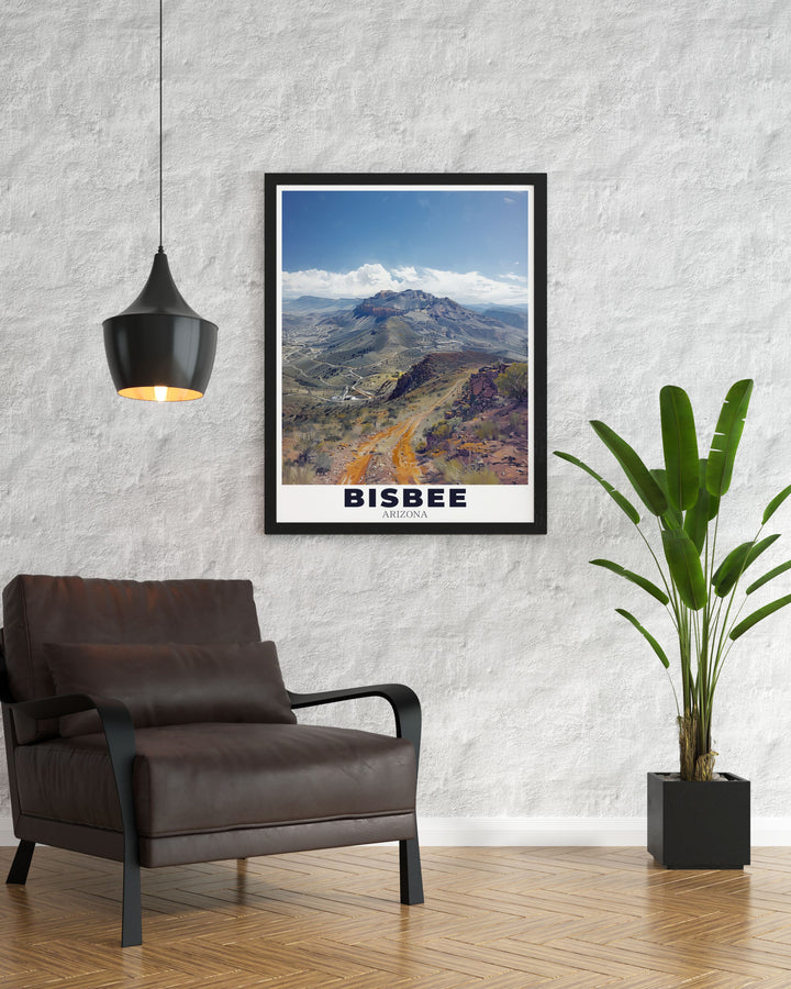 Elegant Mule Mountains framed prints capturing the rugged beauty of Bisbee Arizona. This Arizona travel print is a standout piece for any living room or office adding a touch of Arizonas natural charm to your decor.