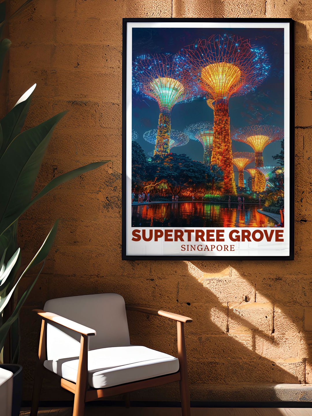 Nighttime view of Supertree Grove in Singapore captured in a modern art print. This stunning wall art adds a touch of luxury to your decor while offering a unique and vibrant representation of Singapores architectural beauty.