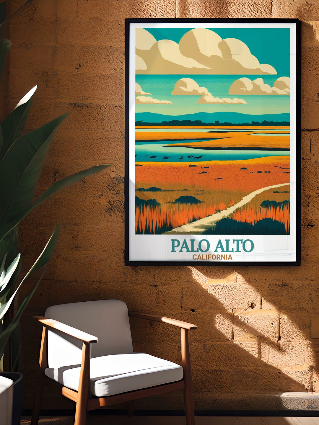 Travel poster of Palo Alto Baylands Nature Preserve showcasing the rich natural heritage of Palo Alto California with a detailed and vibrant design a perfect personalized gift for nature lovers and those who appreciate stunning artwork.