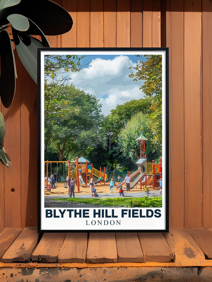 Blythe Hill Fields expansive green spaces and the lively childrens playground are beautifully depicted in this art print, making it a versatile piece for any home decor.