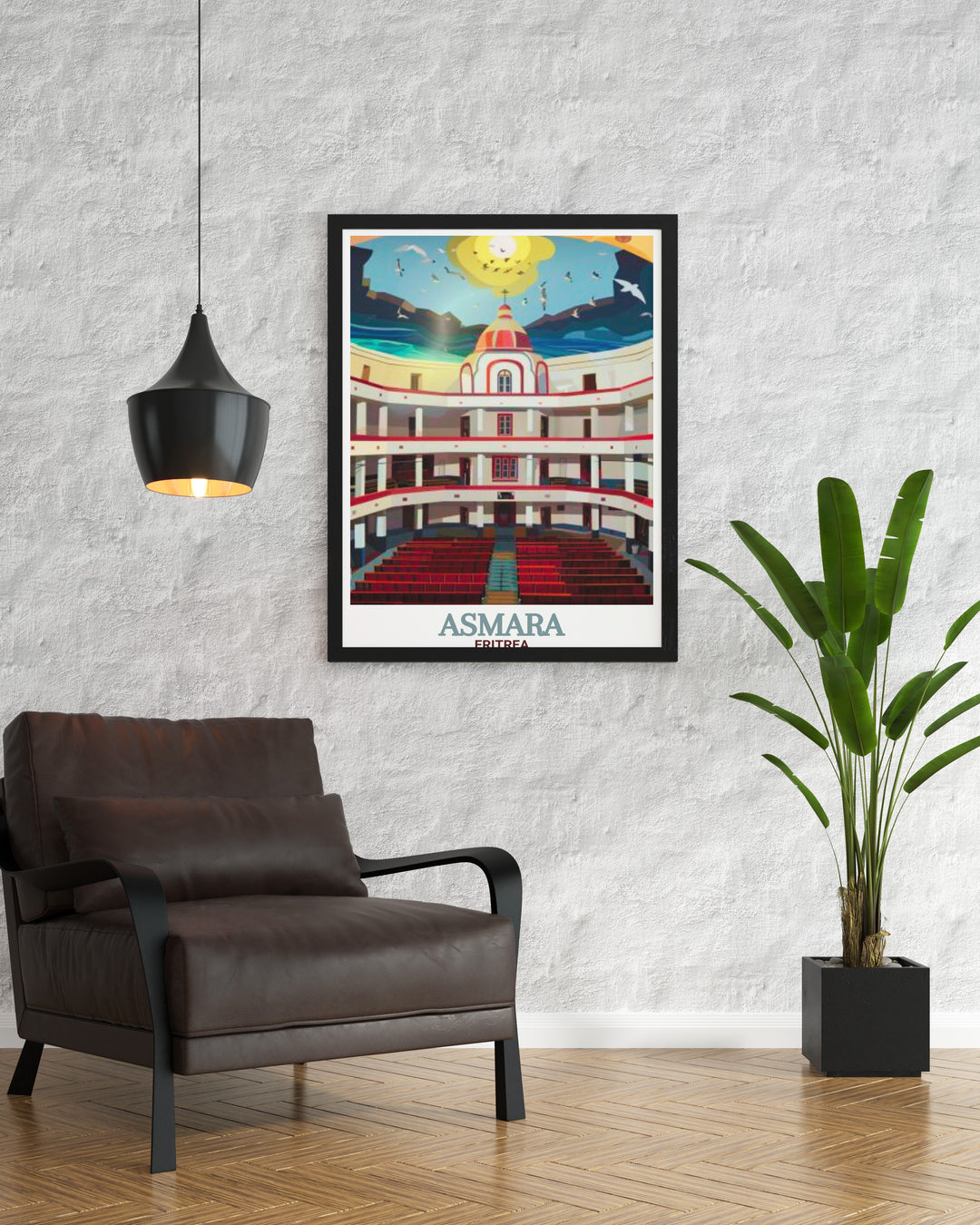 Stunning Asmara skyline travel poster with Opera House centerpiece, in rich color palette, ideal for adding sophistication to home or office decor.