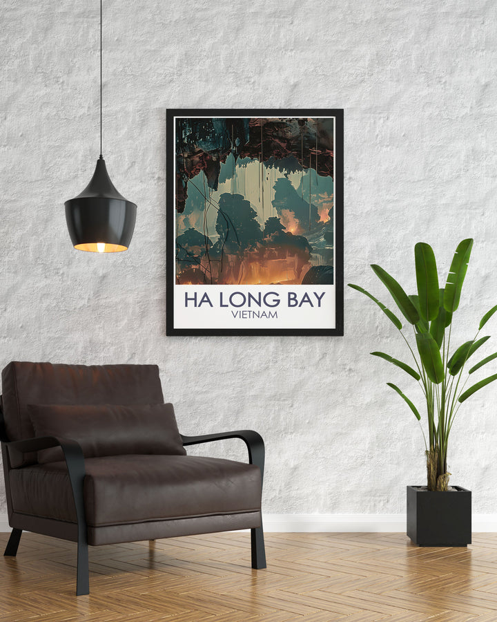 Highlighting the emerald waters and limestone islands of Ha Long Bay, this travel poster captures the enchanting landscapes and hidden wonders of the region, ideal for your home decor.