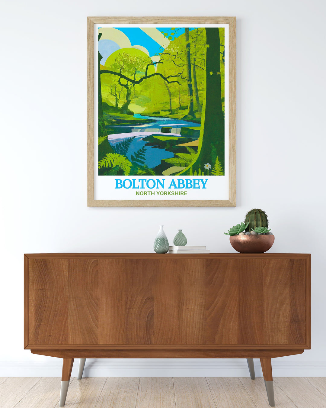 Bolton Priory Ruins artwork highlighting the majestic ruins of Bolton Abbey set against the backdrop of North Yorkshires rolling hills a perfect addition to any collection of vintage travel prints or Yorkshire Dales art.