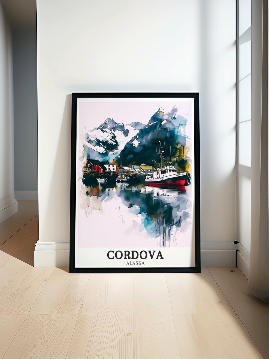 Stunning wall art of Orca Inlet in Alaska, featuring deep blue waters that contrast with the towering peaks in the background, ideal for those who appreciate the rugged beauty of Alaskan coastal landscapes and want to bring the tranquility of this natural wonder into their living space