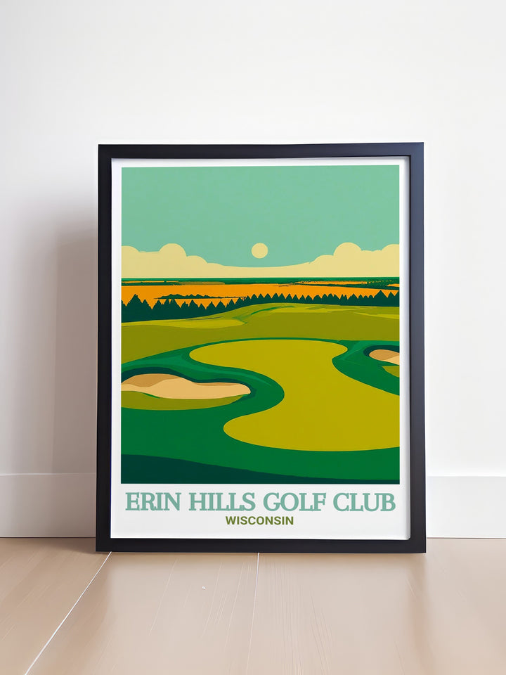 Bring the majesty of Erin Hills Golf Club into your home with this travel poster. The artwork highlights the sweeping vistas and meticulous design that make this course one of the most beloved in the golfing world, perfect for inspiring your next round.