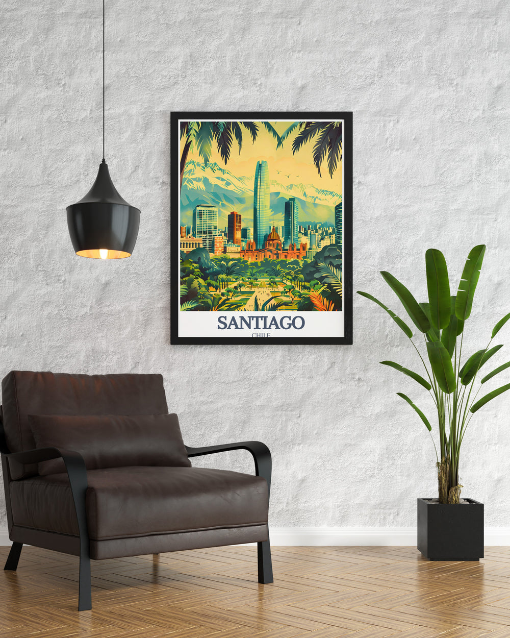 Spain travel print showcasing the vibrant landmarks of Cerro San Cristobal and Plaza de Armas This Santiago wall art adds sophistication and culture to any room and is a thoughtful gift for art lovers and travel enthusiasts alike