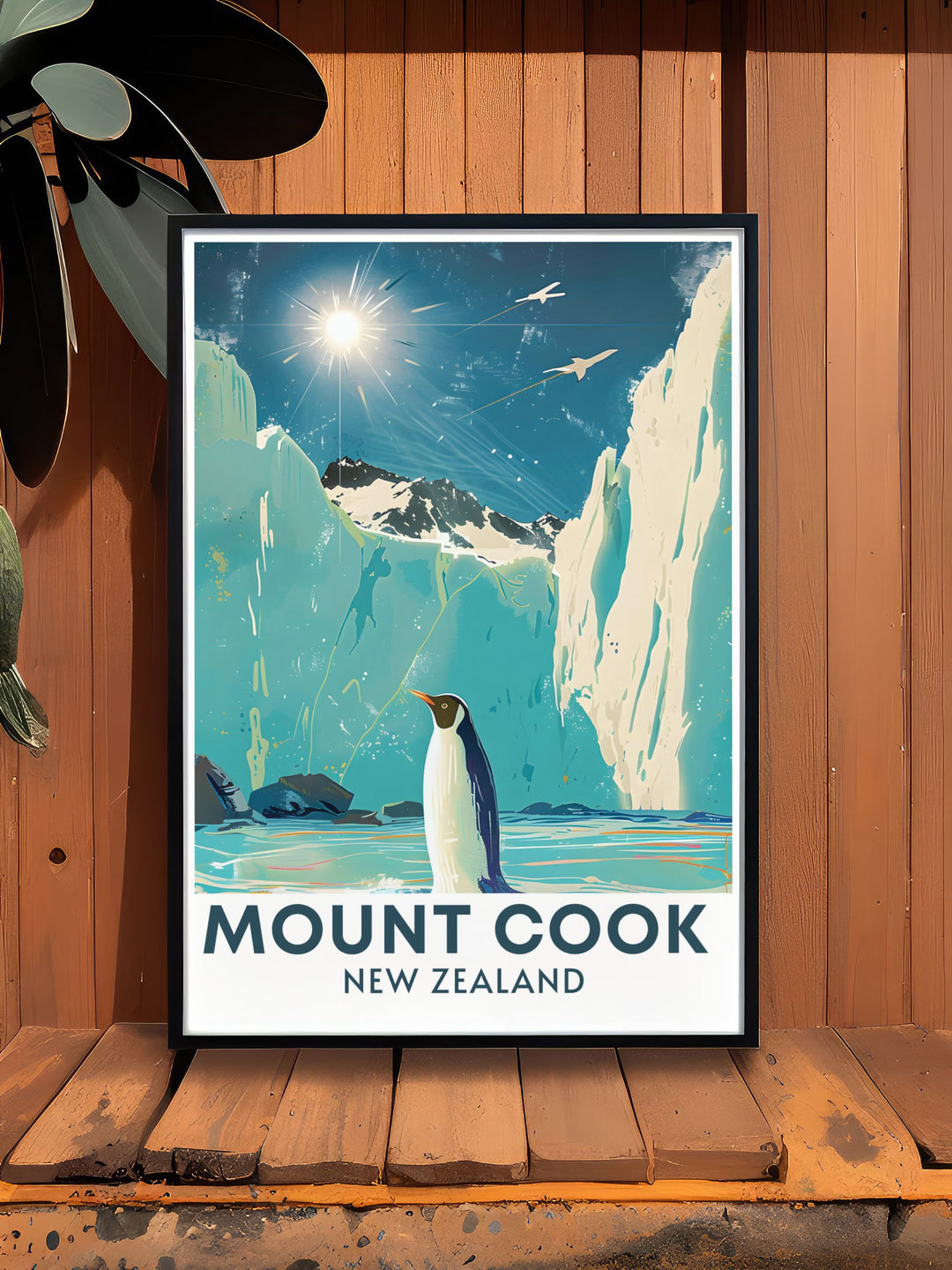 Aoraki Mount Cook framed print that brings the majesty of New Zealands tallest mountain into your living space making it a perfect gift for anyone who appreciates the beauty of national parks and vintage travel aesthetics