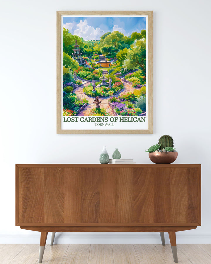 Charming Mevagissey Poster highlighting the quaint streets and bustling harbor of Cornwalls picturesque fishing village with the addition of Italian garden Productive gardens perfect for coastal home decor