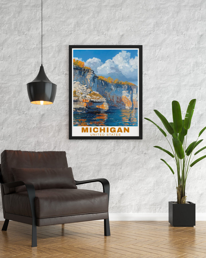 This vibrant Michigan poster print features Pictured Rocks National Lakeshore and the serene beauty of Leelanau. A perfect addition to any room, this USA canvas art adds a pop of color with its vintage design. The travel poster captures Michigans natural charm, making it ideal for home or guest décor.