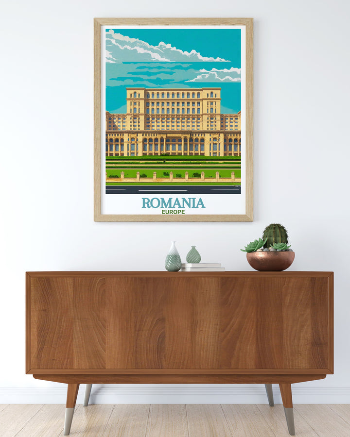 A detailed Romania travel print of the Palace of the Parliament, set against the historic cityscape of Bucharest. This poster brings to life the grandeur of Romanias capital, making it a perfect gift for architecture and history enthusiasts.