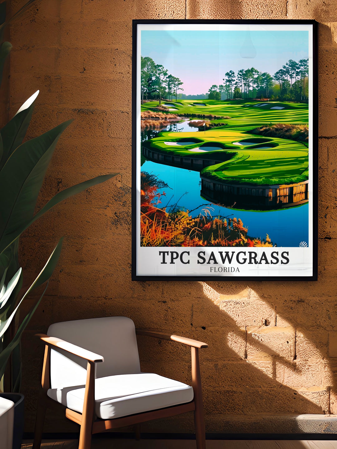 Ponte Vedra Beach and TPC Sawgrass are synonymous with world class golf, and this artwork captures the essence of the 17th holes challenge. The prints dynamic composition and rich colors make it a standout piece for any room. Celebrate the spirit of golf with this striking addition to your decor.