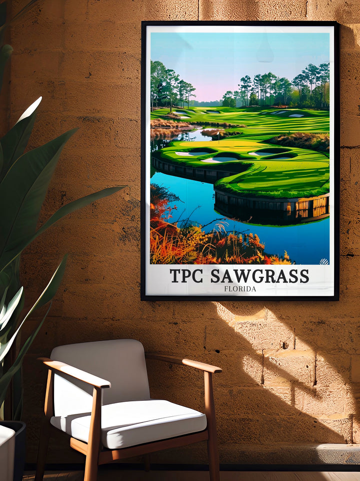 Ponte Vedra Beach and TPC Sawgrass are synonymous with world class golf, and this artwork captures the essence of the 17th holes challenge. The prints dynamic composition and rich colors make it a standout piece for any room. Celebrate the spirit of golf with this striking addition to your decor.