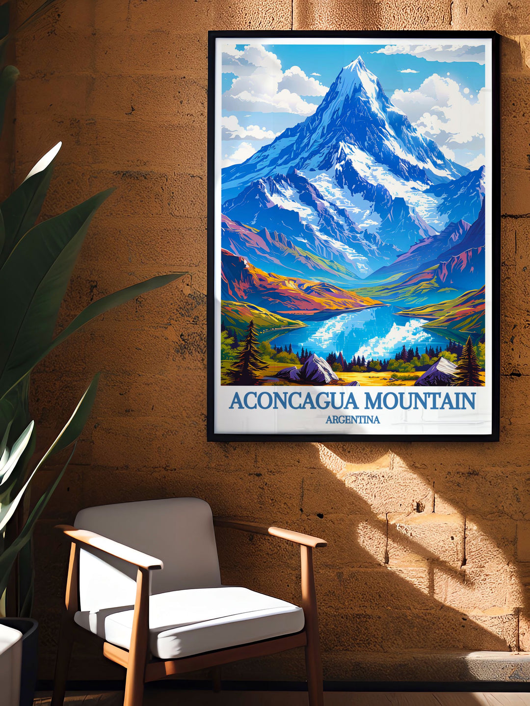 Aconcagua Mountain stands tall in this vintage travel print capturing the rugged landscapes of Argentinas Andes making it a perfect addition to any home.