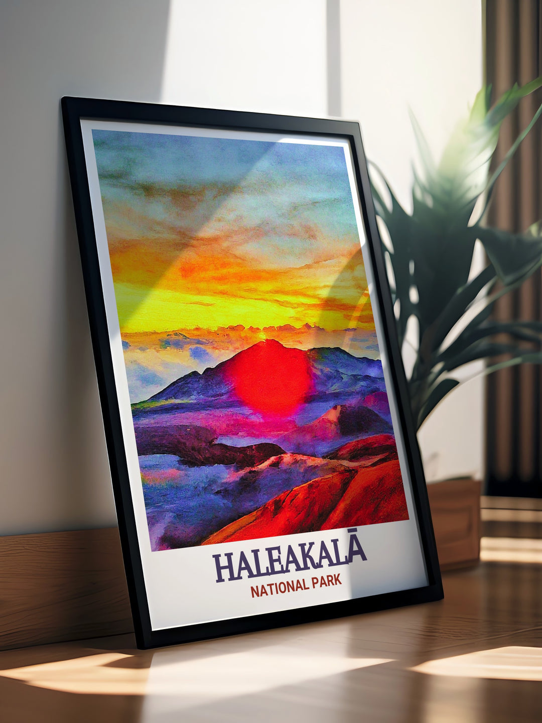 Haleakalā National Park wall art depicting the serene and vibrant scenes of sunrise and sunset at the summit. This artwork captures the essence of the parks natural beauty, adding a touch of elegance to any room.