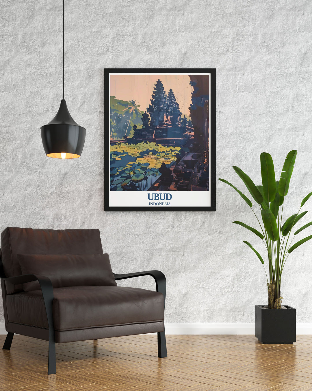 This Ubud travel print beautifully illustrates the iconic Pura Taman Saraswati temple with its lotus filled pond. Ideal for Bali lovers, it makes a thoughtful gift or a perfect addition to any living space.