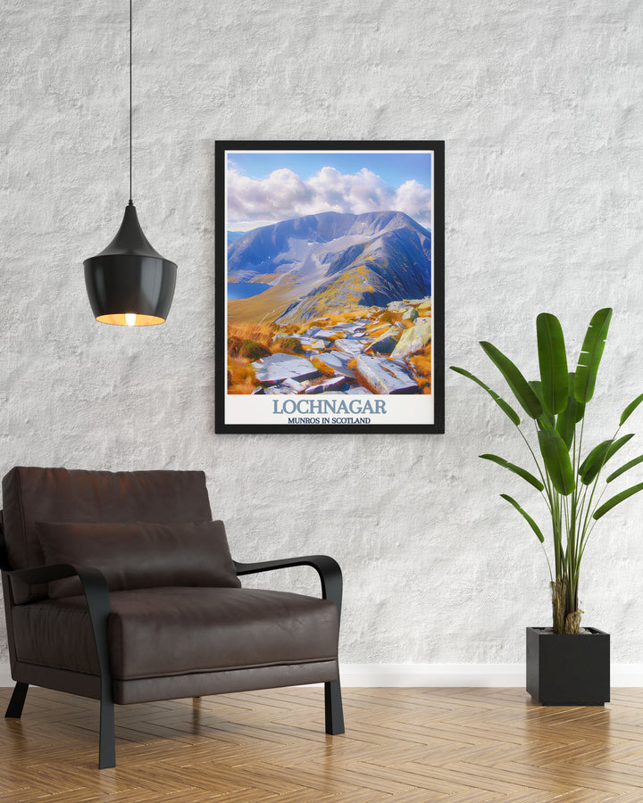 Lochnagar Summit Poster capturing the serene landscapes and dramatic vistas of the Scottish Highlands with stunning vintage prints of Lochnagar Munro and Beinn Chìochan Munro an excellent choice for Munro bagging enthusiasts and lovers of Scotland