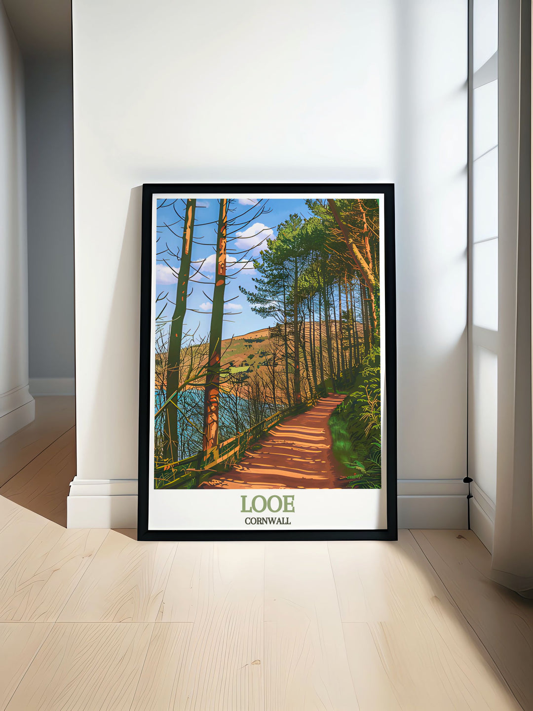 The Kilminorth Woods travel print showcasing the serene beauty of this enchanting woodland in Cornwall perfect for adding a touch of nature to your home decor and an ideal gift for lovers of Cornwall and The Kilminorth Woods.