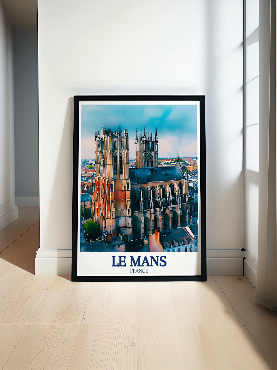 Le Mans City Print showcasing the medieval architecture and vibrant energy of this historic French city. The detailed artwork captures the essence of Le Mans, from its cobblestone streets to its iconic buildings, making it a perfect addition to any collection of travel art. Ideal for those who appreciate French heritage and urban landscapes.